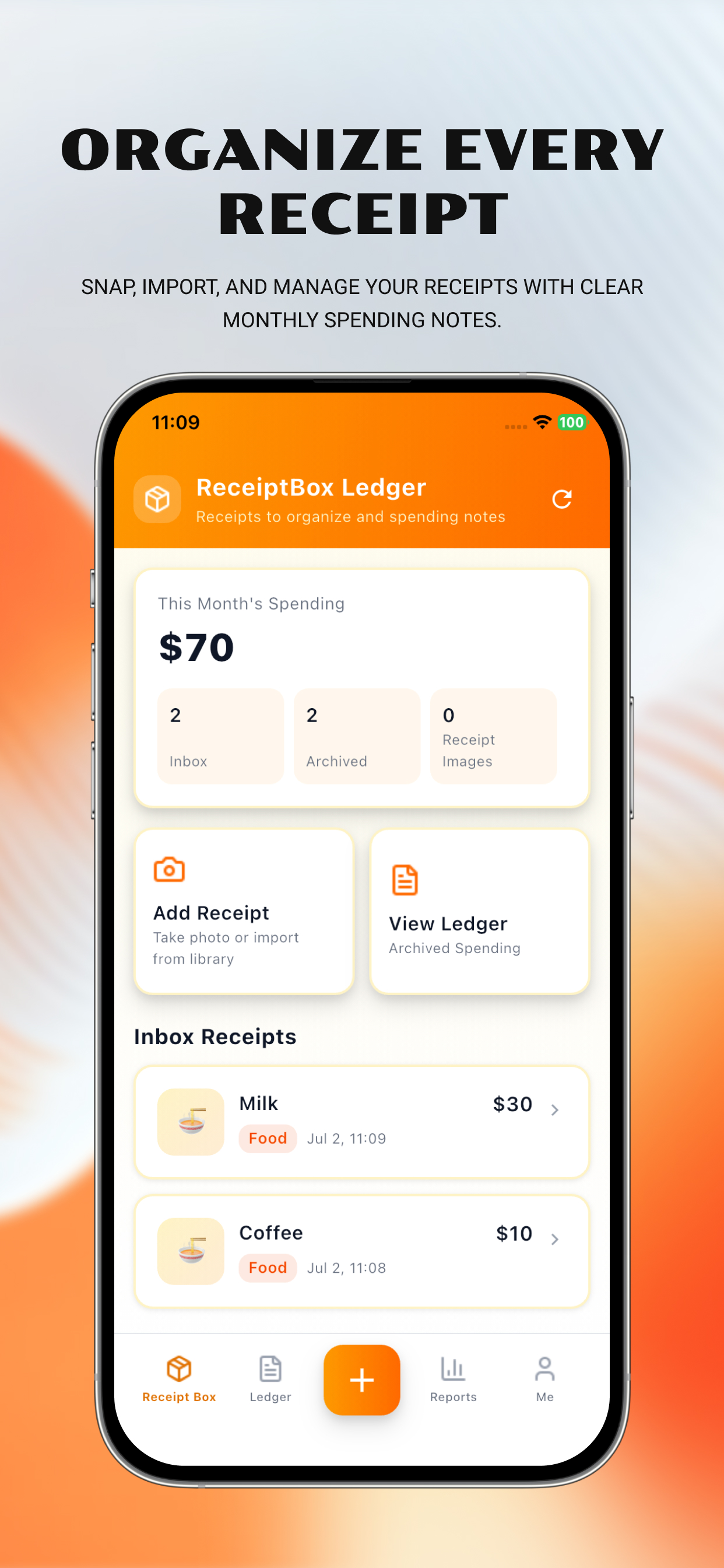 ReceiptBox Ledger app screenshot showing the Add Receipt screen